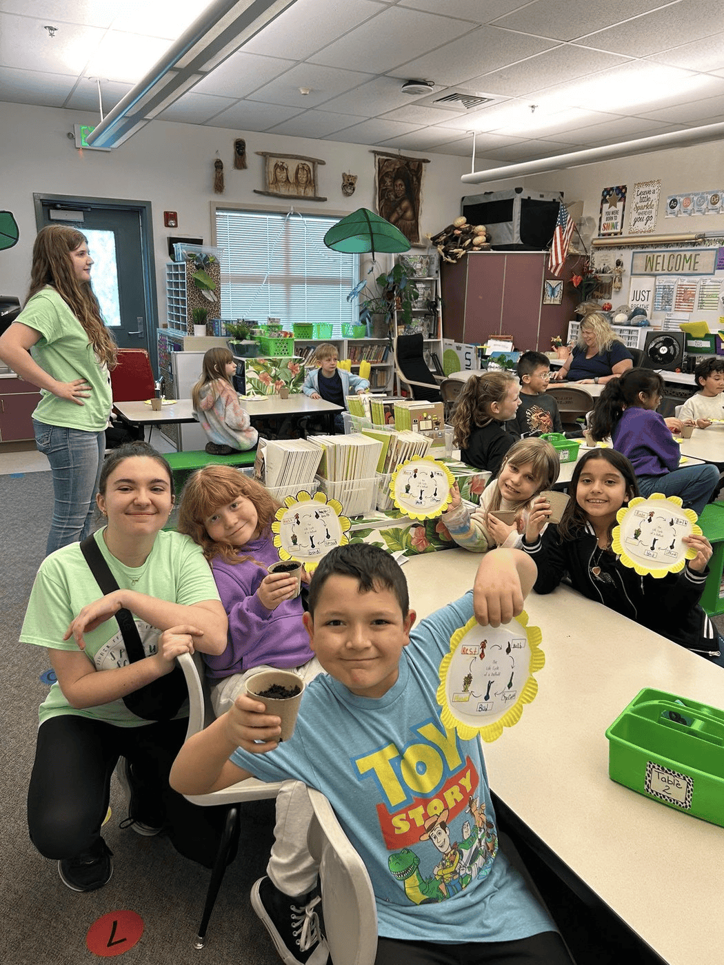 Sprout Scout students show off their daffodil art.
