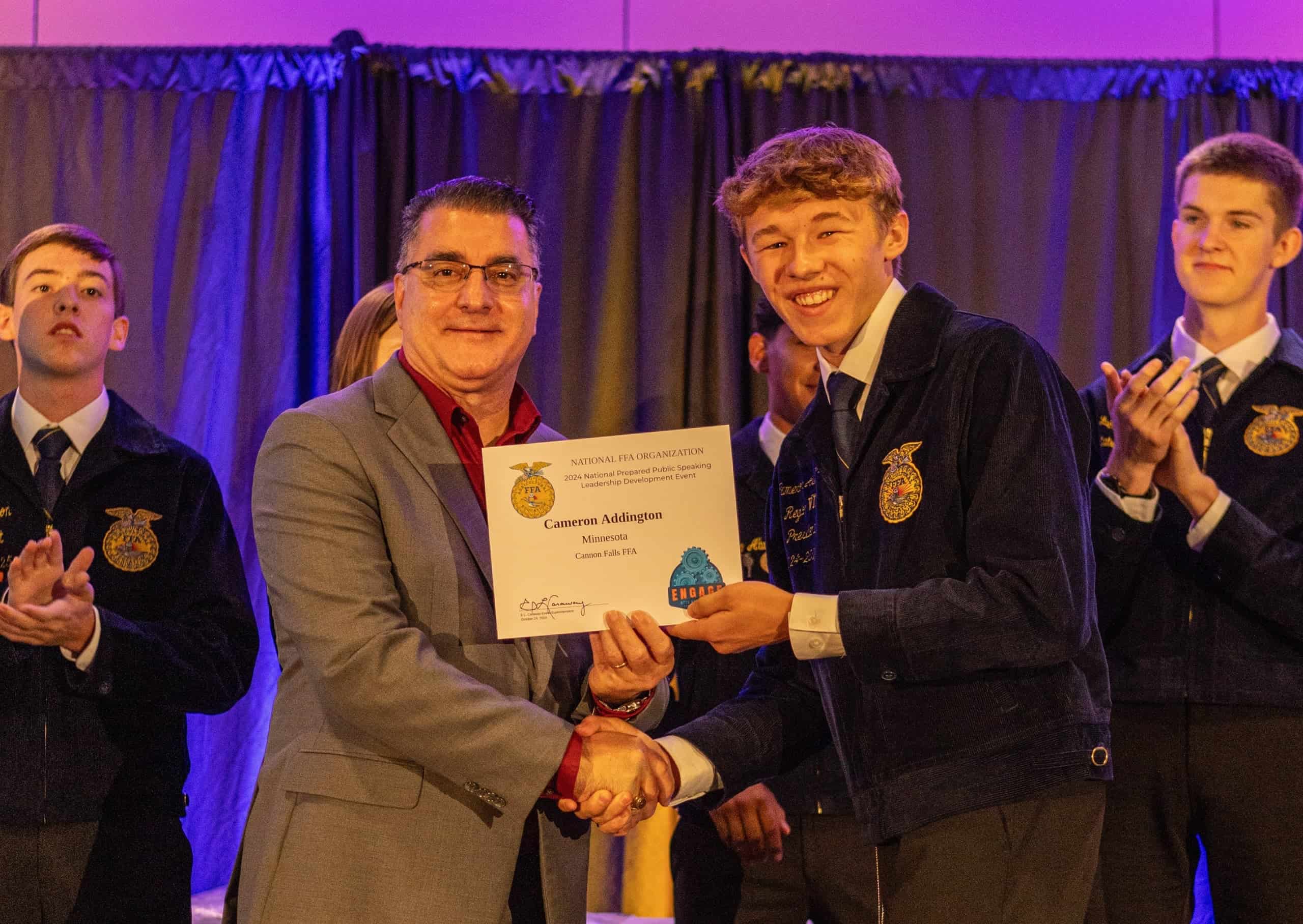 Addington is recognized at the National FFA Convention & Expo for the Prepared Public Speaking LDE.