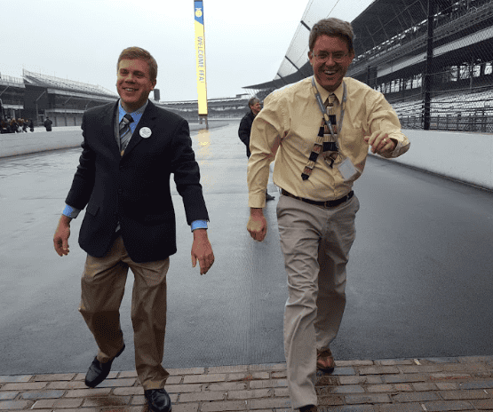Mr. Rylan Rusk (left) and Mr. Mark Steber (right) share a laugh in Indianapolis, Ind., during the 91st National FFA Convention &amp; Expo in 2018.