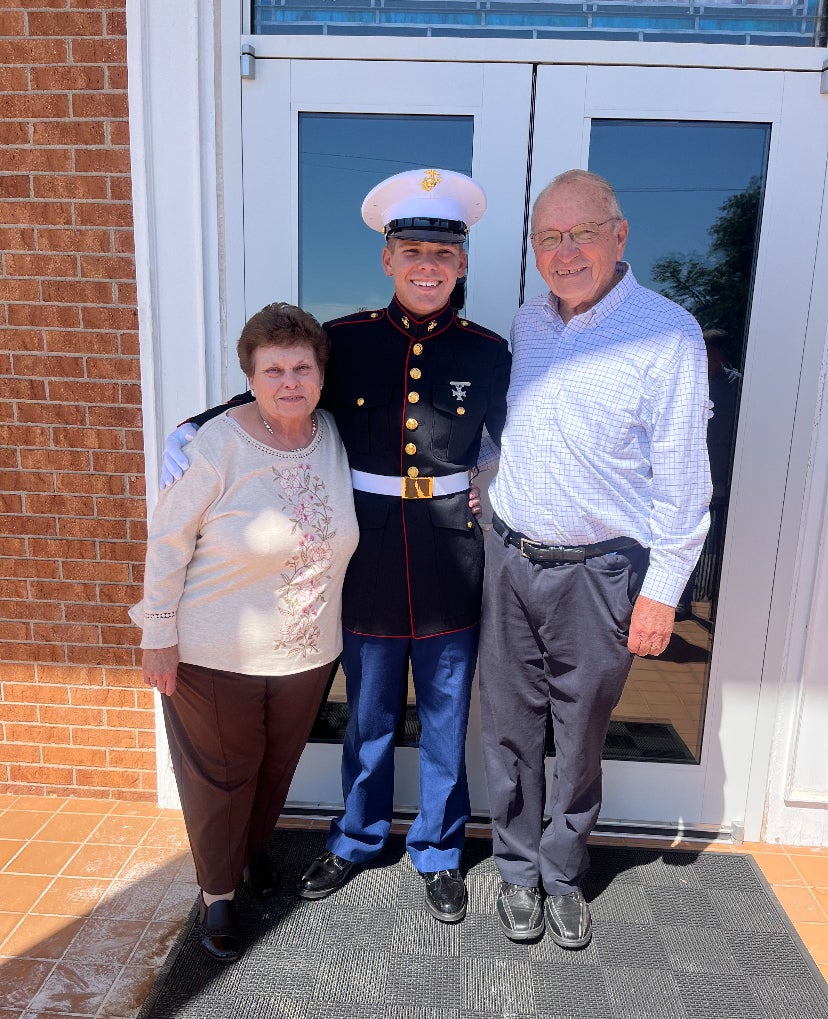 Elijah Sams after graduating boot camp in his Dress Blues uniform.