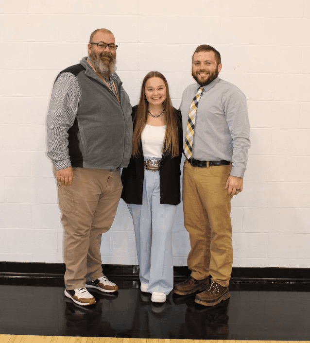 Mueller is pictured with her co-teachers at Richland County High School in the agricultural department. These three serve as the advisors for the Olney FFA Chapter, and include Mr. Jaime VanDyke (left), Ms. Lexi Mueller (center) and Mr. Hayden Kinkade (right). 